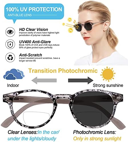 Occi chiari fotochrômico bifocal de óculos de leitura para mulheres, óculos de sol Round Transition Protection