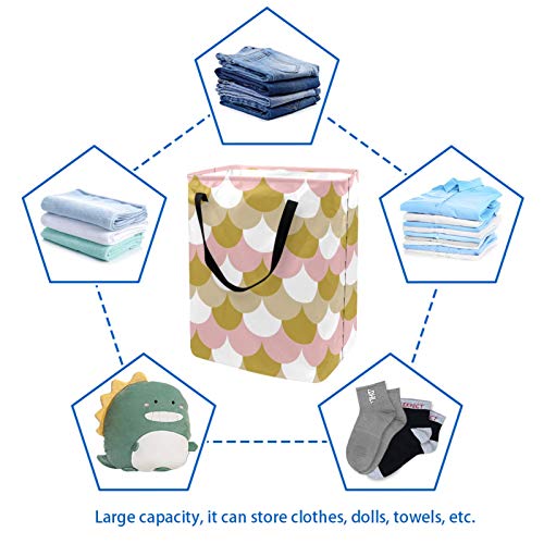 Grande cesta de lavanderia cesta de lavanderia dobrável com alças bolsa de roupas dobráveis, lixo dobrável para lavar roupas de brinquedo de dormitório, padrão de sereia de ouro rosa padrão de cauda