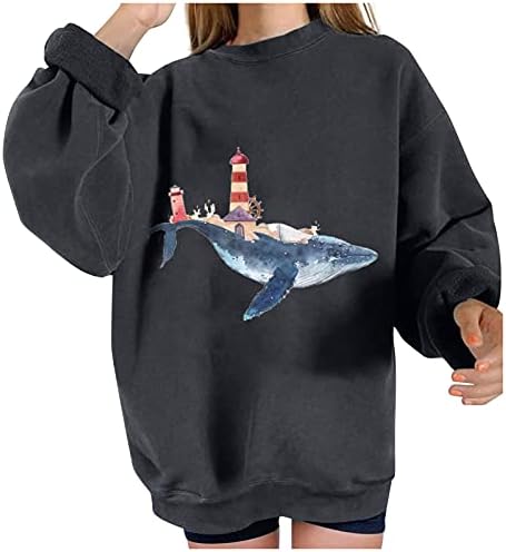 Sorto para mulheres para mulheres - Pullover estampado com os oceanos Tops de pullover casual Molas de tamanho longo