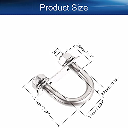 Bettomshin 2pcs U-Bolts 304Ss, 1,06 polegada Largura x 1,1 polegada Comprimento da rosca Round U parafusos U M10 W