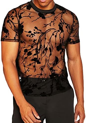Camiseta Floral Print de Vinsekep Men Sexy Sexy Veja através do pescoço redondo de manga curta Tops de festa de boate