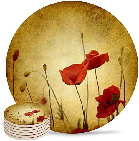 Drink Coasters Flores de papoula vermelha vintage, montanha -russa redonda de cerâmica de pedra absorvente para bebidas 6pcs