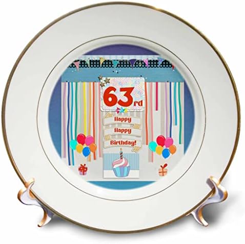 Imagem 3drose de 63º aniversário, cupcake, vela, balões, presente, streamers - placas