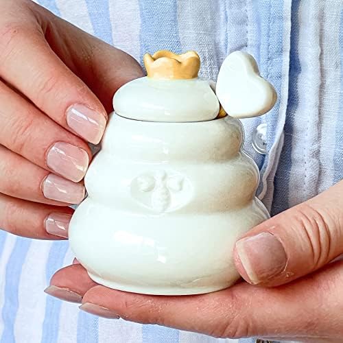 Kate Aspen Cerâmica Hive Mini Honey Jar & Wooden Honey Dipper Decoração de cozinha, prêmio de chá de bebê Bumblebee,