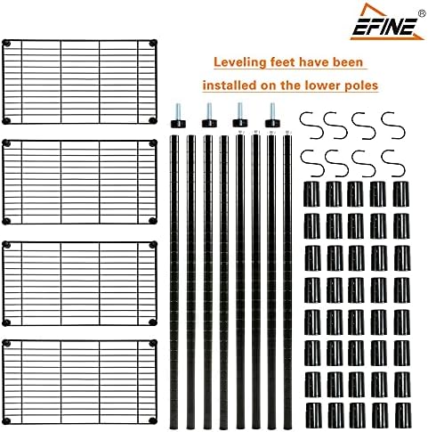 Unidade de prateleiras de 4 prateleiras efine com 8 ganchos, prateleiras ajustáveis ​​de arame de aço carbono, capacidade de