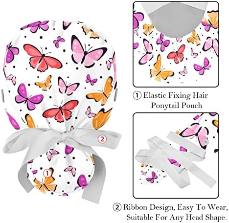 6 PCs enfermeiros limparem as mulheres cabelos longos, flores e borboletas tampa de trabalho ajustável com botão e banda de