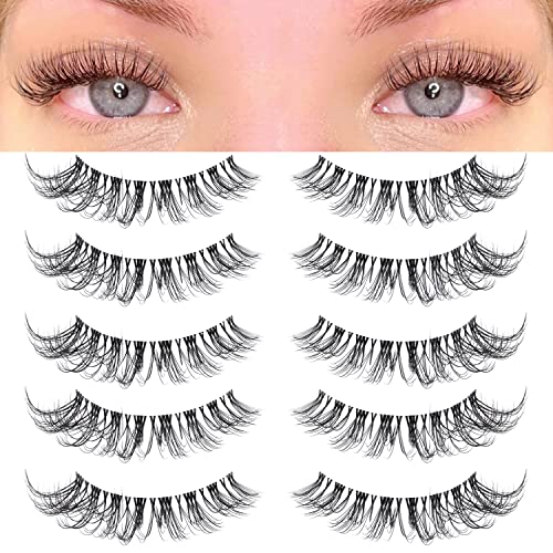 Ksyoo Cat Eye Lashes Wispy Natural Look, D Curl 8-15mm banda clara 3d cílios falsos naturais Multipack, cílios finos de vison de vison de vison para trabalho diário e maquiagem para os olhos 5 pares