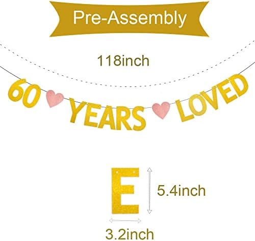 Xiaoluoly Gold 60 anos adorava banner de glitter, pré-estrung, 60º aniversário/aniversário de casamento decorações de