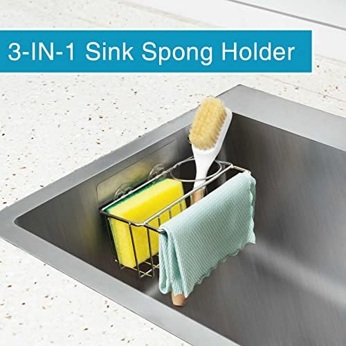 Porta de esponja Fedtsglr para pia da cozinha, suporte de esponja do organizador de pia de 3 em 1, 304 prova de