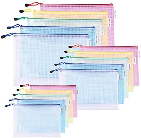 Bolsa de documentos de zíper de malha de 30 pacote, A3 | A4 | A5 Tamanho, cada tamanho de 10pcs, 5 sacos de zíper coloridos, para
