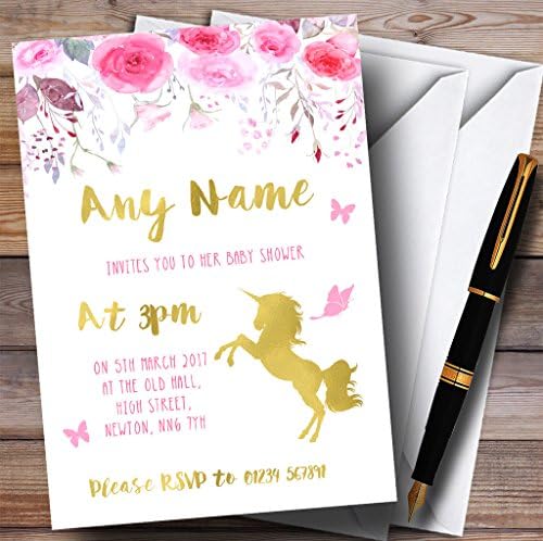 Convites de unicórnio floral de ouro rosa de ouro rosa convites para chá de bebê