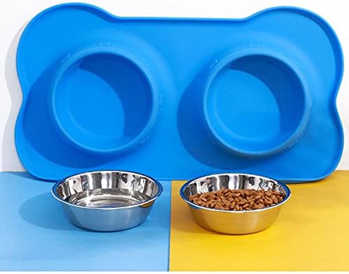 NC Aço inoxidável Tigela de cachorro Double Bowl Two-in-One Water Bowl Bowl Basin de cão-gato Anti-Roll Pet Alimentador Azul