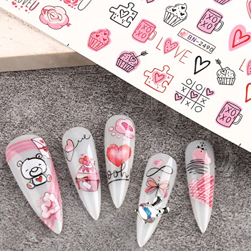 Valentine's Day's Nail Art Starters Decalques de unhas de água Cartoon Heart Bear Lips Red Lips Design Kit de acessórios
