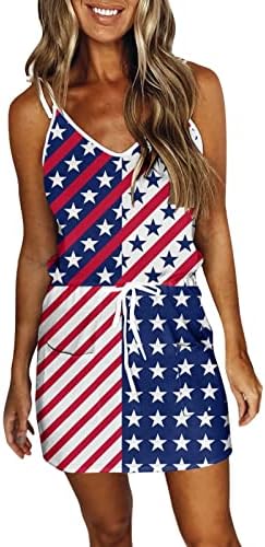 4 de julho Vestido para mulheres Vestido de tanque de bandeira americana de verão com bolsos elásticos da cintura mangueira contra