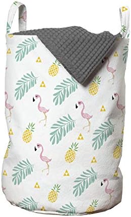 Bolsa de lavanderia tropical de Ambesonne, abacaxi tropical de pássaros flamingo e hipster havaiano em tons pastel, cesto de cesto com alças fechamento de cordas para lavanderia, 13 x 19, mostarda rosa