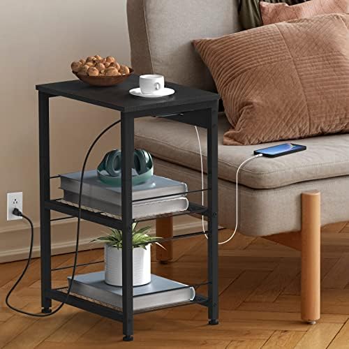 Black NightStand com estação de carregamento Tabela lateral industrial com portas USB e tomadas de energia de 3 camadas