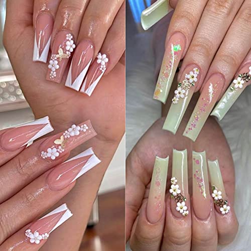 Yosomk 3d Flor Nail Art Flores brancas Flores de unhas com pérolas brancas douradas Pérolas de cerejeira Decorações