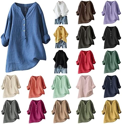 Camisas femininas de verão yfjrbr linho de algodão largo ajuste plus size s-5xl manga curta v Botões de lapela de pescoço