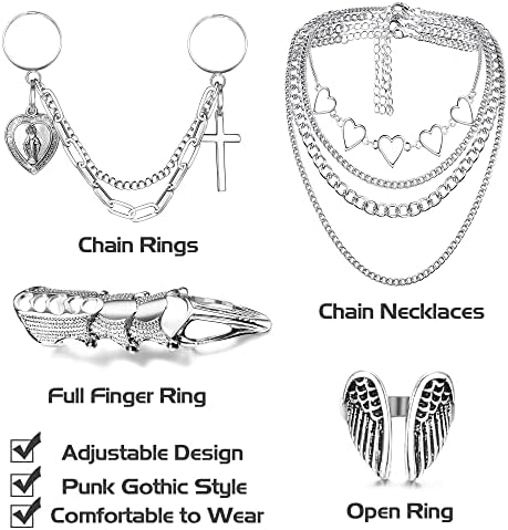 Anéis de corrente punk sanfenly+ colar de corrente em camadas conjunto para mulheres homens egirl eboy, cool gótico punk vintage empilhável