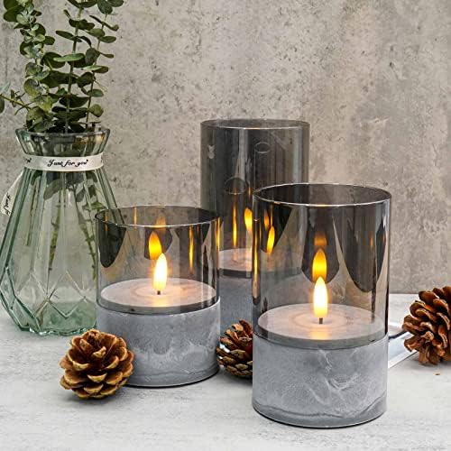 Velas de pilar sem chamas de vidro de vidro Skairipa com timer: velas de bateria cinza de 3 pacote com chamas tremeluzentes, decorações de velas de vidro de inverno para férias em casa