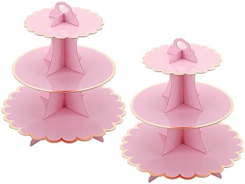 Stand de cupcakes de papelão rosa, suporte de bolo de bolo de bolo rosa bandeja de sobremesa de papel, bandeja de porção redonda de três camadas perfeita para meninas rosa e ouro aniversário de chá de bebê suprimentos
