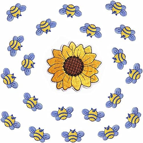 Kuuguu 21 PCs Patch de abelha, remendo bordado de girassol, remendo patches de costura de apliques fofinhos para sacos, jaquetas, jeans, chapéus, roupas de decoração de DIY