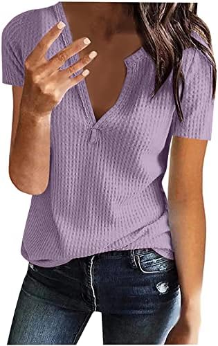 Camise de blusa de outono de verão para feminino 2023 manga curta v algodão liso lish largo ajuste relaxado lounge top