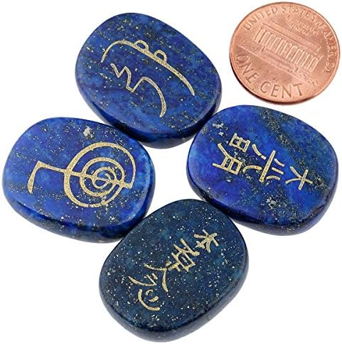 Pacote MookaitEdecor - 2 itens: 4 peças Lapis Lazuli Stones Gravados Símbolos de Chakra Palmões de palmeira e conjunto