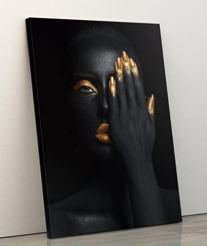 Black Woman Retrato Arte da parede Pintura com moldura, obra de arte da moda preta e dourada, arte de parede afro-americana,