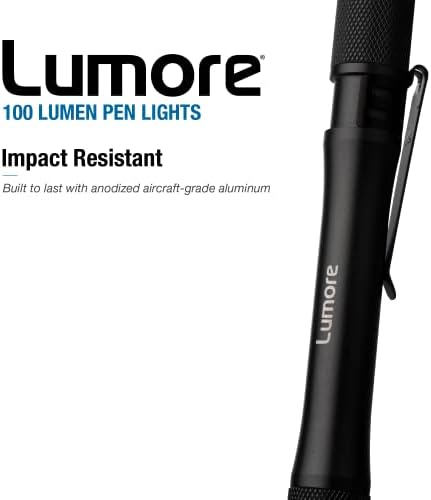 Lanternas de caneta Lumore, alumínio durável de aeronaves anodizadas, luzes médicas premium de 100 lúmen com distância