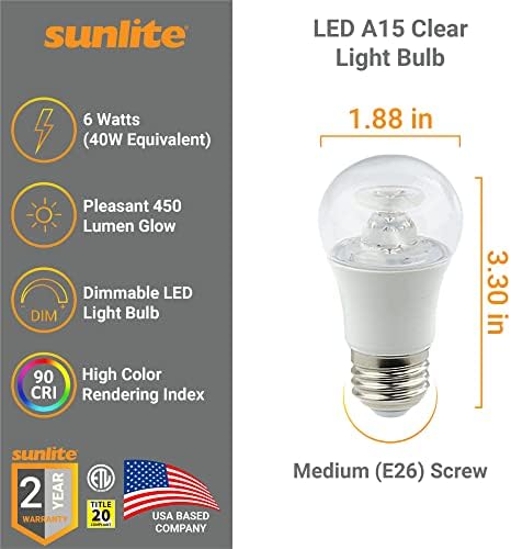 Sunlite 80137 LED A15 APARECO LUZ CLARO, 6 watts, 450 lúmens, base média, 90 CRI, Dimmable, ETL listado, ventilador de teto, título 20, 4000k Cool White, 1 contagem
