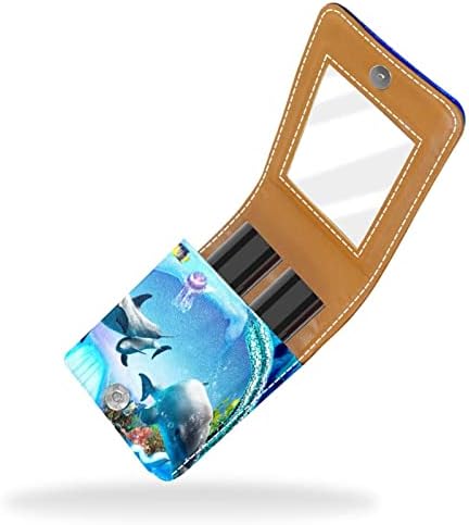 Mini estojo de batom com espelho para bolsa, subaquática World Wellyfish e Dolphin Portable Case Holder Organization