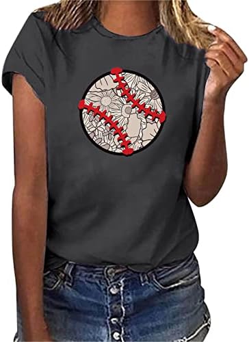 Manga curta feminina camiseta casual solteira feminina casual impressão de beisebol de mangas curtas Crega da tripulação