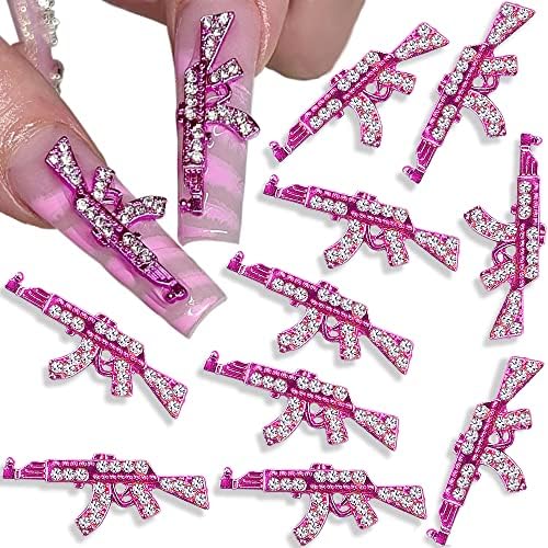 Charms de unhas de pistola rosa 3D, luxuoso diamante liga de diamante, charme de unhas Ak Arma de unhas Art Charms