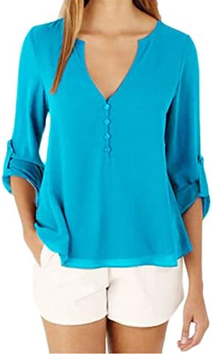 ANDONGNYWELL Feminino Manga longa V Bloups Chiffon Bloups Tops Business Camisetas Puxada Manga Longa Camisa de Chiffon