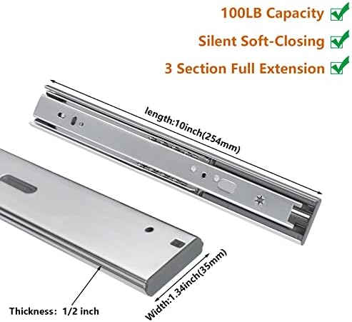 1 par de 10 polegadas de bola de esfera de bola de esfera de 10 polegadas Slides de 3,8 de gaveta de extensão - Lontan 1.34in Slides de gavetas de largura de largura, 75 lb de gaveta corredores