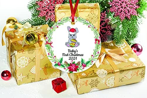 Primeiro ornamento de Natal do bebê 2021 Ornamento de cerâmica de coelho