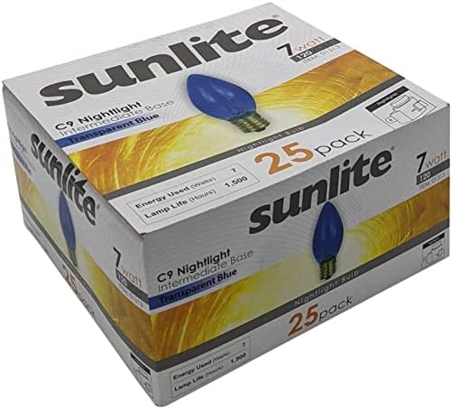 Sunlite 7C9/TR Incandescente de 7 watts, baseado intermediário, lâmpada de cor claro C9, vermelho transparente, 25 pacote