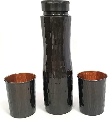 Garrafa de água de cobre pura com 2 copo de cobre, garrafa preta fosca antiga