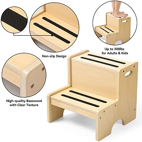 Danário de madeira para crianças para crianças - banquinho de passo infantil com alças, bancos de etapa de altura dupla com bônus não deslizam almofadas para segurança - fezes de duas etapas para o banheiro, cozinha e treinamento em banheiro