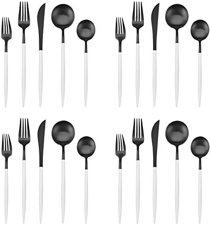 Talheres pretos foscos com alça branca, conjunto de talheres de aço inoxidável de 20 peças, serviço de utensílio de cozinha