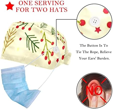 2 pacotes Bapa de trabalho ajustável com banda de suor de botão para enfermeiras Chapéu de rabo de cavalo de Natal Frutas e agulhas vermelhas de Natal