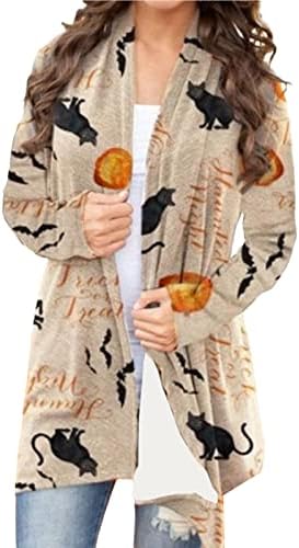 Hariumiu Halloween Women Coat Cardigan Impressão de manga longa respirável comprimento Midi Lengty Casual Casual Casual Pumpkin Bat Imprimindo
