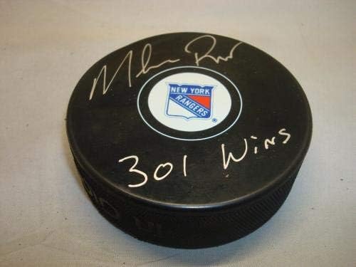 Mike Richter contratou o hóquei do New York Rangers autografado 301 WINS JSA COA 1A - Pucks NHL autografados