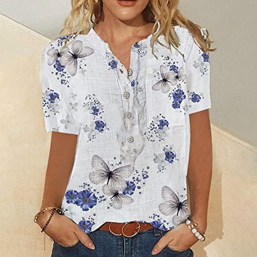 Lcepcy Summer Casual camiseta para mulheres impressão floral botão henley camisas de manga curta blusas de túnicas com bolso