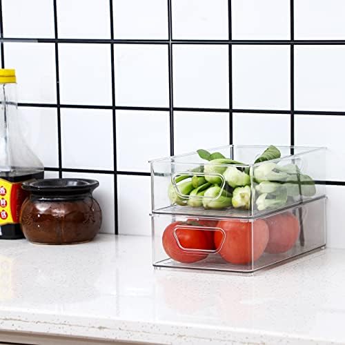 Conjunto de acrílico CQ de 4 caixas de organizador de geladeira Bin plástico empilhável Bin de armazenamento de alimentos com alças