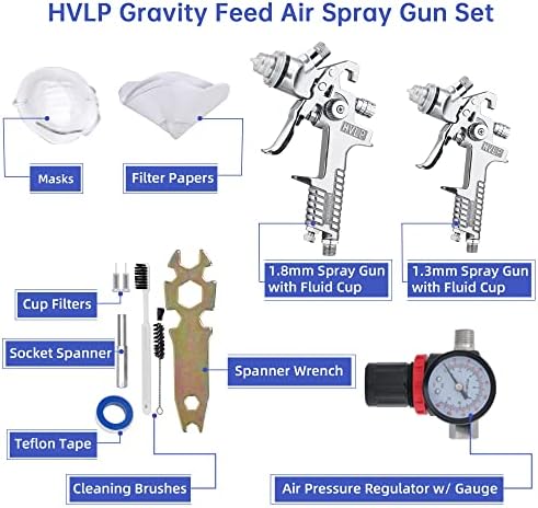 Conjunto de armas de pulverização de ar Yescom HVLP 1,3 mm 1,8 mm para Auto Car Pinter Primer Basecoat Clearcoat Gravity
