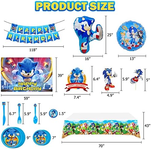 Sonic Birthday Party Supplies 187pcs Decorações de festas de aniversário incluem cenário, faixa de feliz aniversário,