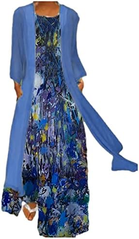 Vestido de verão para mulheres 2023 o-pescoço sem mangas chiffon cardigan impressão floral vestido longo flowy duas peças conjunto