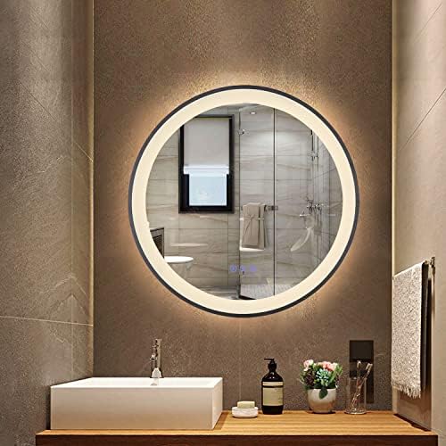 Espelho do banheiro LED com luzes redonda emoldurada preta emoldura de 24 polegadas Vanidade do banheiro espelho com luzes espelho iluminado grande com toque inteligente 3 cores diminuídas de parede à prova d'água anti-neblina montada